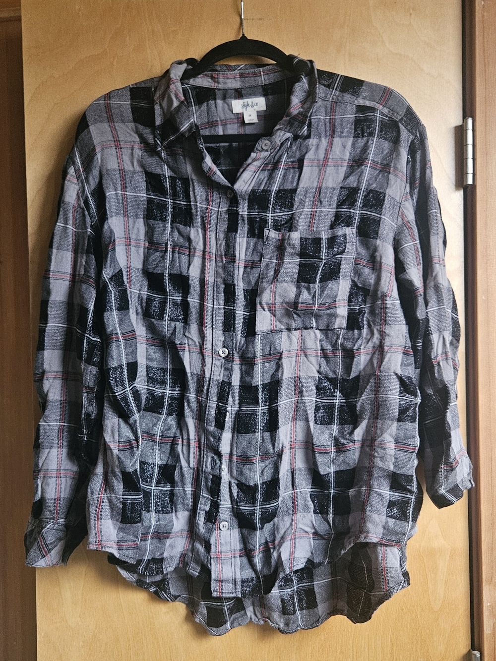 Style & Co. Gray, Black and Red Plaid Casual Button-Down Shirt